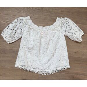 Lilly Pulitzer Womens XL X-Large White Eyelet Off-Shoulder Top 100% Cotton Pom-P